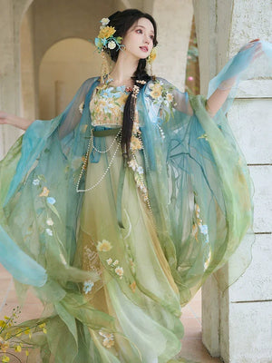 Blue & Green Hanfu Women's Large Sleeve Shirt Embroidery Spring and Summer - Yandan_Hanfu