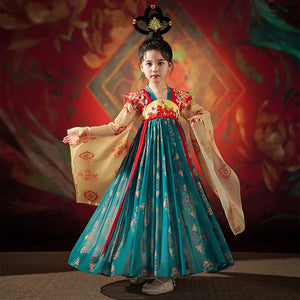 Traditional Girls Hanfu dress with red, teal, and beige floral accents, inspired by Dunhuang and Tang dynasty aesthetics.