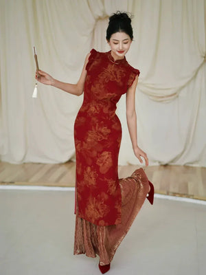 Lotus Step – Red Mermaid Qipao for Wedding, Engagement & Tea Ceremony - Yandan_Hanfu