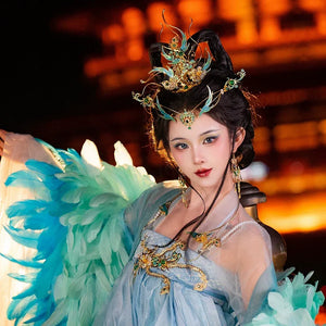Song of the Peacock Plume – Gold-Plated Hanfu Headdress Set with Tassels & Crown Ornament - Yandan_Hanfu