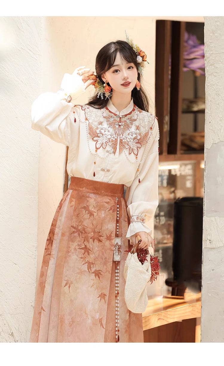 Maple Leaf Hanfu Women's outfit with cloud shoulder embroidery and soft pleated skirt, perfect for modern traditional wear.