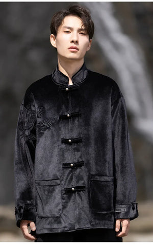 New Chinese Tang style men's button top autumn and winter coat golden velvet - Yandan_Hanfu