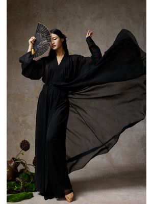 Elegant wine red sheer tencel dance outfit with black inner waist gauze, flowing classical style