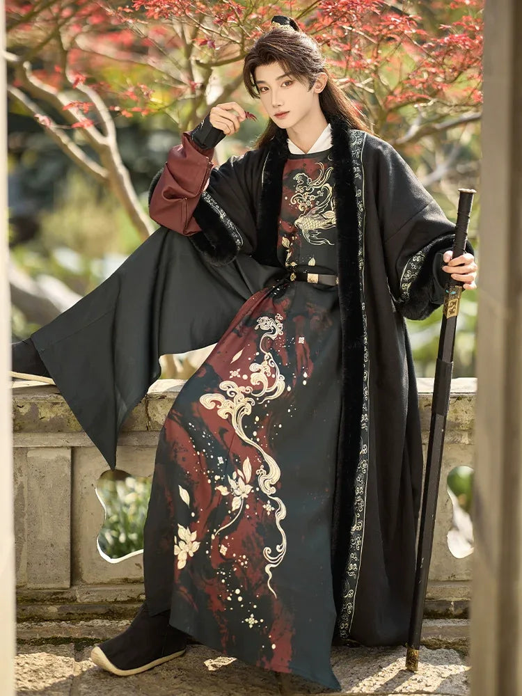 Golden Fish Over the Desert – Tang-Inspired Round Collar Hanfu Coat with Plush Fur Trim (Unisex Winter Set) - Yandan_Hanfu