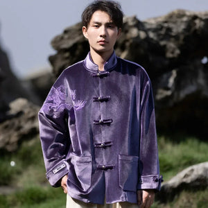 New Chinese Tang style men's button top autumn and winter coat golden velvet - Yandan_Hanfu