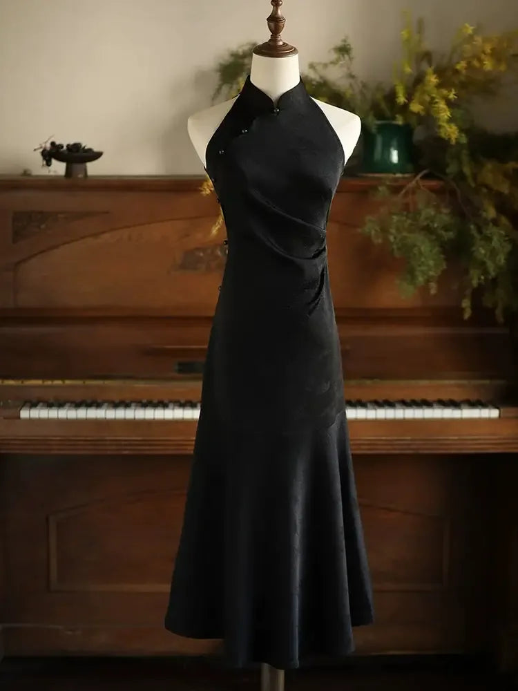 Black Qipao Dress – New Chinese Style Plus Size Vintage-Inspired Elegant Daily Cheongsam for Women - Yandan_Hanfu
