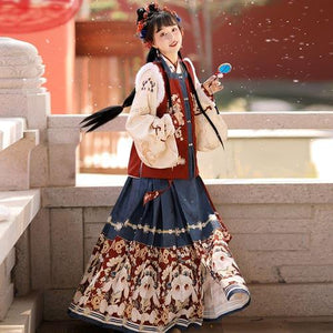 Chinese New Year Hanfu Women's Ming Dynasty Square Neck Embroidered Bijia Horse Face Skirt New Year's Eve Dress Winter Plush - Yandan_Hanfu