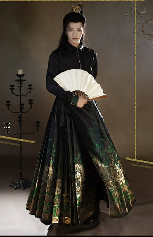 Four Divine Beasts Hanfu Set – Unisex Chinese Shirt & Brocade Horse-Face Skirt in New Style Design - Yandan_Hanfu