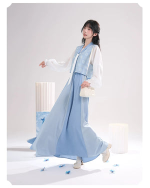Sea Salt Sky Blue – Elegant Tang-Inspired Modern Hanfu with Long-Sleeve Top & Flowing Skirt - Yandan_Hanfu