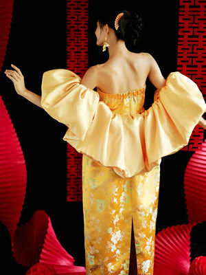 "Yunjing" yellow jacquard pregnant woman cheongsam bride toast dress - Yandan_Hanfu