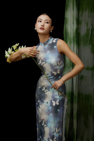 Elegant Modern Chinese-Style Blue Qipao Dress – Vintage-Inspired Long Cheongsam - Yandan_Hanfu