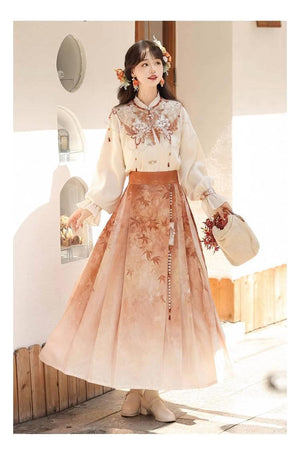Maple Leaf Hanfu Women's New Chinese Style Daily Han Element Cloud Shoulder Top Three-pleated Skirt Set Spring - Yandan_Hanfu