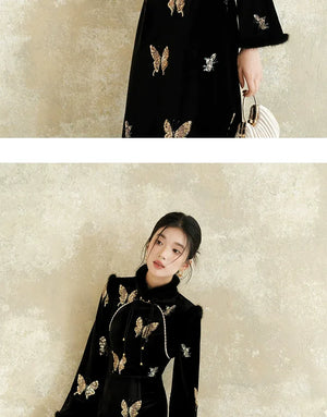 Black & Gold Velvet Cheongsam – Modern Chinese Winter Dress with Butterfly Bead Embroidery - Yandan_Hanfu