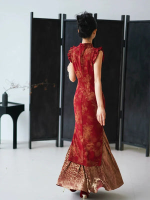 Lotus Step – Red Mermaid Qipao for Wedding, Engagement & Tea Ceremony - Yandan_Hanfu