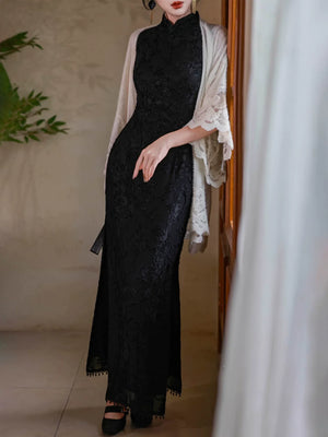 Silent Fragrance – Velvet Beaded Sleeveless Floor-Length Qipao with New Chinese Style Blazer - Yandan_Hanfu