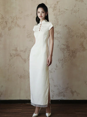 "Xi Zhu" White Dark Pattern Tassel Shawl Cheongsam Bride Wedding Dress Engagement - Yandan_Hanfu