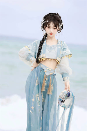 Model holding floral accessory in blue Hanfu Princess Jasmine suit by 【Cloud Traveler】, styled with gold trim and embroidery.