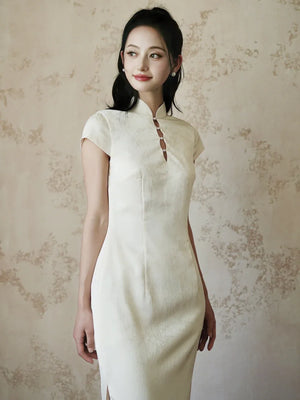 "Xi Zhu" White Dark Pattern Tassel Shawl Cheongsam Bride Wedding Dress Engagement - Yandan_Hanfu