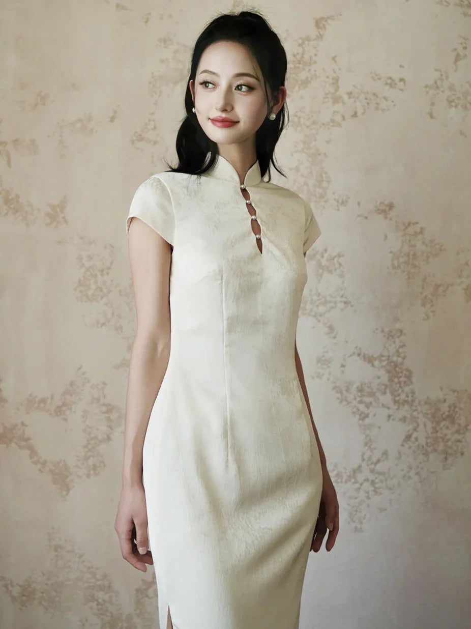 "Xi Zhu" White Dark Pattern Tassel Shawl Cheongsam Bride Wedding Dress Engagement - Yandan_Hanfu
