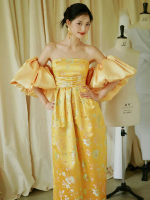 "Yunjing" yellow jacquard pregnant woman cheongsam bride toast dress - Yandan_Hanfu