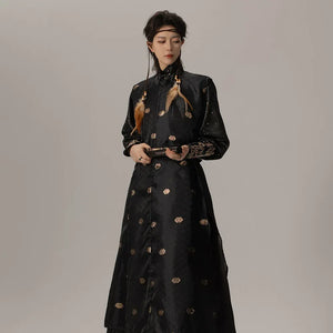 "Wujing 2.0” – Gold-Brocade Round-Collar Robe | Hanfu-Inspired Modern Jacket (Spring/Autumn) - Yandan_Hanfu