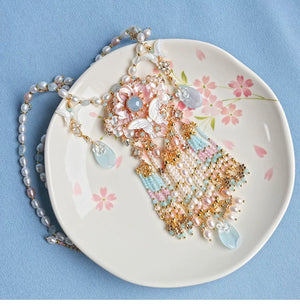 Butterfly Shell & Aquamarine Pearl Necklace – Hanfu Yingluo Accessory with Original Design - Yandan_Hanfu