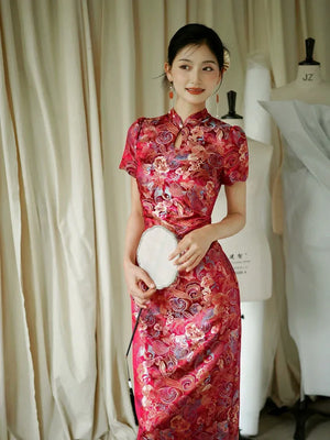 Yue Xi – Red Embroidered Jacquard Qipao for Wedding, Engagement & Tea Ceremony - Yandan_Hanfu