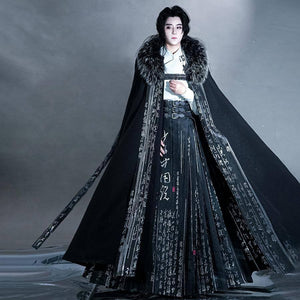 Woolen cloak calligraphy woven silver and black fur collar handsome national trendy man - Yandan_Hanfu