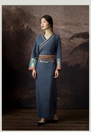 “Mist Blue” Brocade Dress — Refined Tibetan-Inspired Silhouette with Oriental Elegance - Yandan_Hanfu
