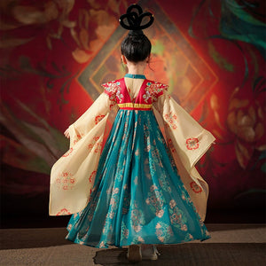 Back view of Girls Dunhuang Ancient Hanfu showing flowing sleeves and intricate floral patterns for spring and autumn occasions.