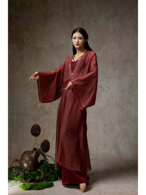 Elegant Wine Red Sheer Tencel Cardigan – Flowing Classical Dance Performance Outfit - Yandan_Hanfu