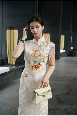Golden Tang Ode – Luxury Modern Cheongsam | Artisanal Brocade & Couture Detailing - Yandan_Hanfu
