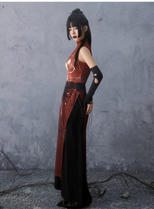 Scarlet Orchid – High-Slit Qipao Dress | Red Mandarin Collar New Chinese Style Slim Fit Gown - Yandan_Hanfu