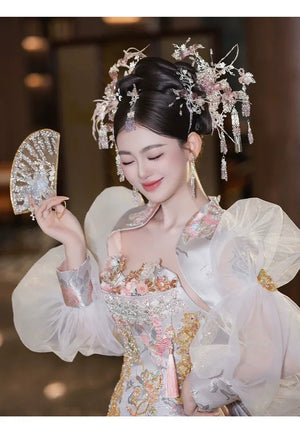 Silver Pink Chinese Bridal Hairpin Set – Elegant Crystal Headpiece for Hanfu & Qipao Wedding - Yandan_Hanfu