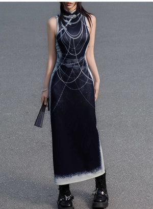 Black&white pearl knitted printed cheongsam new Chinese Y2K Spice Girl sleeveless cheongsam dress - Yandan_Hanfu