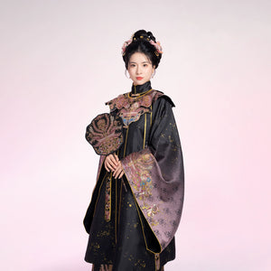 2025 Chinese style graduation Hanfu set in black and rose gold with matching embroidered fan and traditional top hat.
