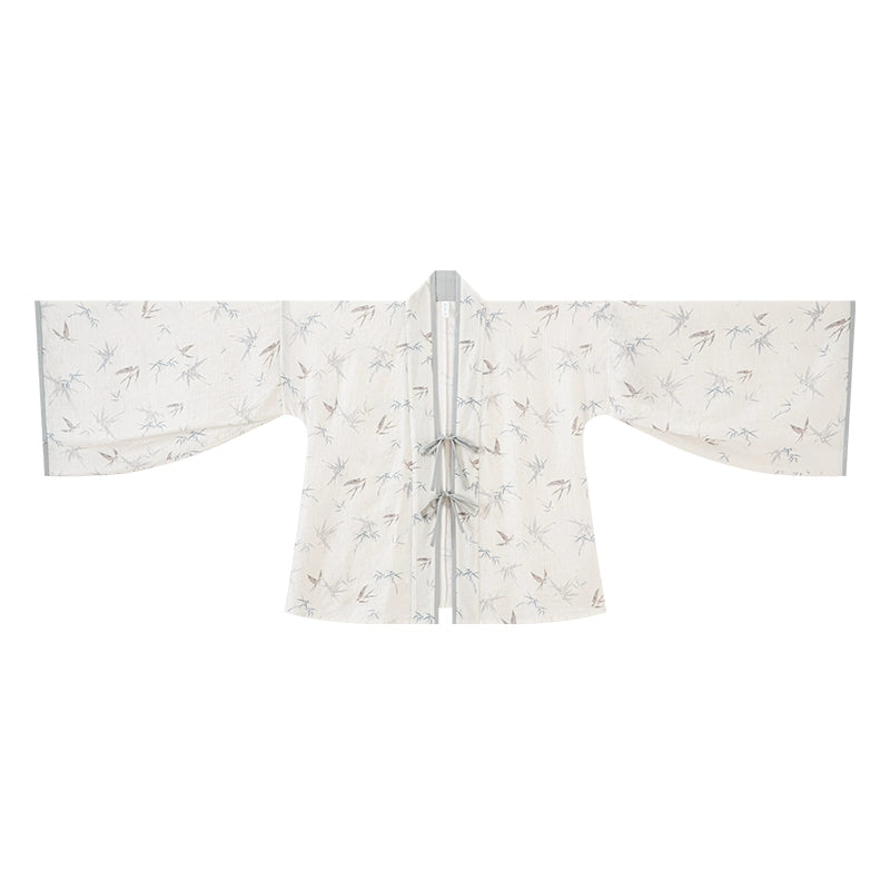 White Dew: Bamboo Shadows & Swallow Whispers – Jin-Style Hanfu Set | Tencel Pleated Robe with Rayon Camisole and Flowing Skirt