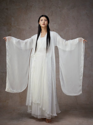 Graceful White Wide-Sleeve Chiffon Hanfu – Classical & Jazz Fusion Dance Dress - Yandan_Hanfu