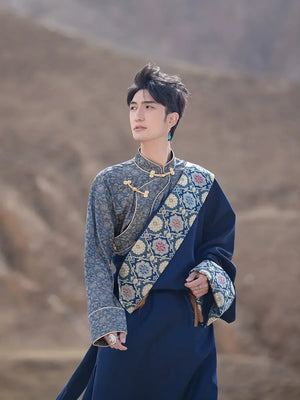 Blue Tibetan Men's Robe – Traditional Winter Coat with Ethnic Style and Modern Elegance - Yandan_Hanfu