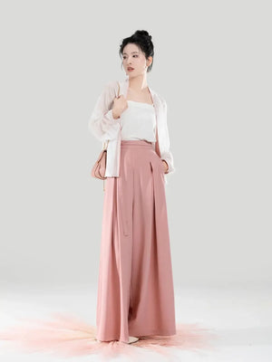 Taoling – Modern Song-Style Hanfu Set with Feather Jacquard & Wide-Leg Pants - Yandan_Hanfu