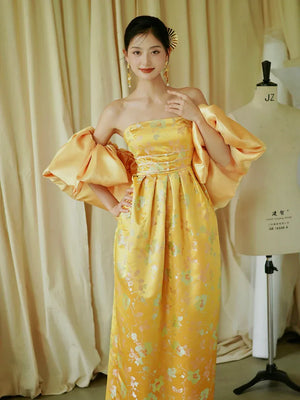 "Yunjing" yellow jacquard pregnant woman cheongsam bride toast dress - Yandan_Hanfu