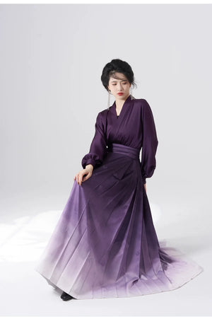 Ming style Hanfu aircraft sleeve top, dark purple gradient horse face skirt - Yandan_Hanfu