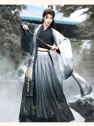 Golden Steps – Ink Bamboo & Butterfly Traditional Hanfu | Unisex Wei-Jin & Song Style Cross-Collar Wide-Sleeve Set - Yandan_Hanfu