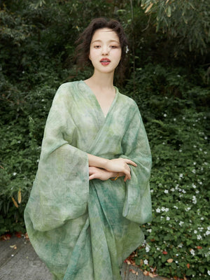 100% Ramie Modern Chinese Dress – Green Tie-Dye Print with Loose Silhouette & Camisole Layer - Yandan_Hanfu