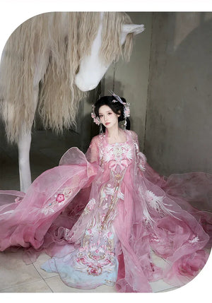 Pink Hanfu women's large-sleeved shirt chest-length embroidery spring and summer - Yandan_Hanfu