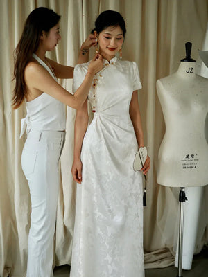 "Kite Butterfly" White Jacquard Cheongsam Bridal Toast Dress Engagement Dress - Yandan_Hanfu