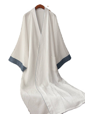 Full-length Chinese style white Hanfu robe with blue sleeve accents, ideal as pure cotton homewear or traditional pajamas.
