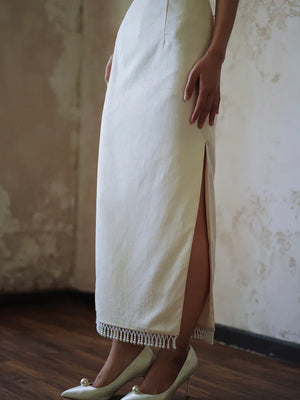 "Xi Zhu" White Dark Pattern Tassel Shawl Cheongsam Bride Wedding Dress Engagement - Yandan_Hanfu