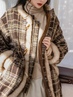 Amber Grace – Modern Hanfu Women's Autumn/Winter Set | Ming-Style Round-Collar Wool Coat with Plaid Song-Inspired Pants - Yandan_Hanfu