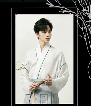 Unisex Modern Grey Hanfu Set – Cross-Collar Jacket with Brocade Ma Mian Skirt - Yandan_Hanfu